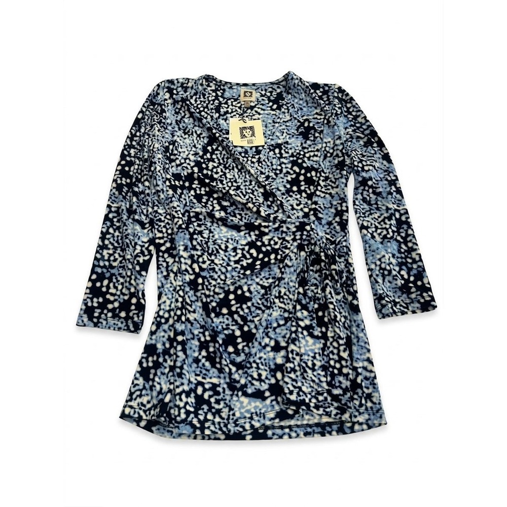 Anne Klein Faux Wrap Top Women Medium Blue Abstract Dot NWT 3/4 Sleeve V-Neck